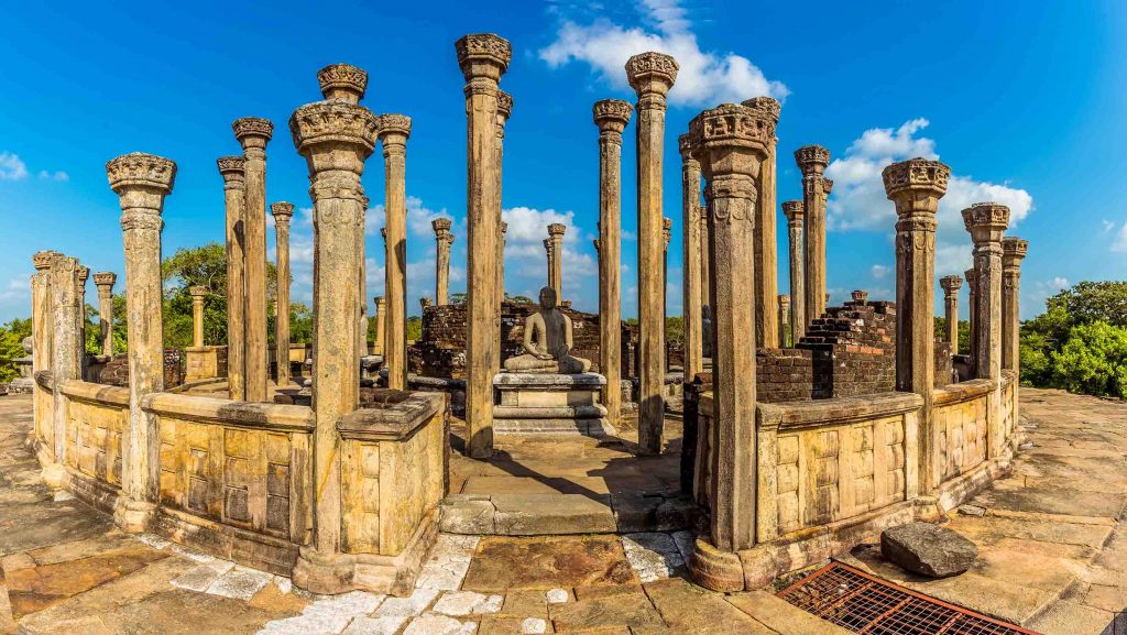 A wide-angle view of the largest of the ancient stupa ruins in the Medirigiriya Vatadage in Sri Lanka