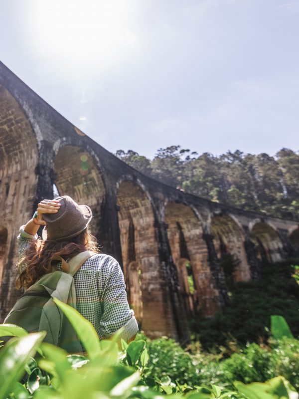 Woman looks at the Demodara nine arches bridge the most visited sight of Ella town in Sri Lanka, Travel to Asia