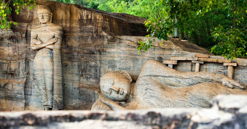 The beautiful statue of Reclining Buddha and Monk Ananda, Gal Viharaya, Polonnaruwa, Sri Lanka.